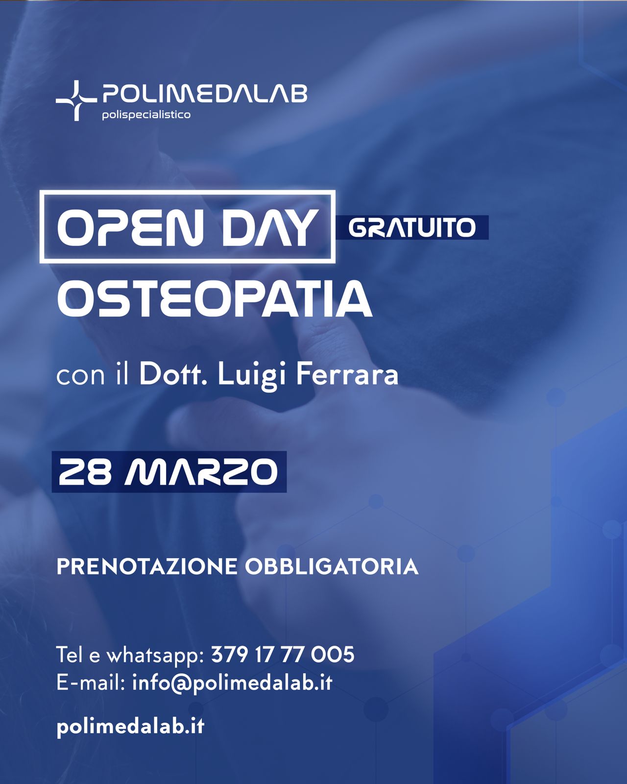 locandina dell'open day di osteopatia che si terrà il 28 marzo a Cellole presso Polimedalab
