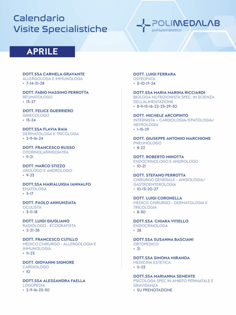 calendario con le disponibilità di tutti i medici per il mese di aprile a Cellole